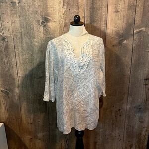Jones New York LINEN Gray Paisley Lace Trim Tunic Top Beach Size XL Split Neck